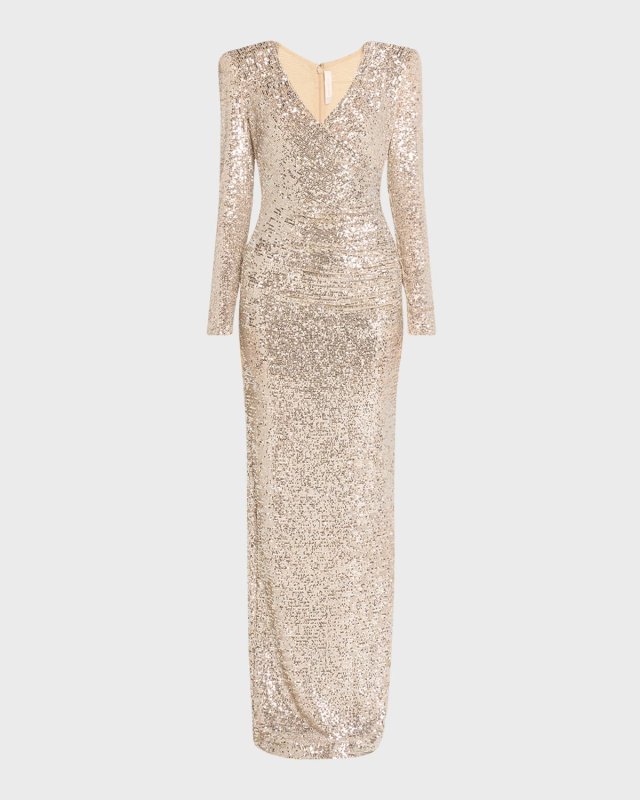 Sequined Column Gathered V-Neck Gown